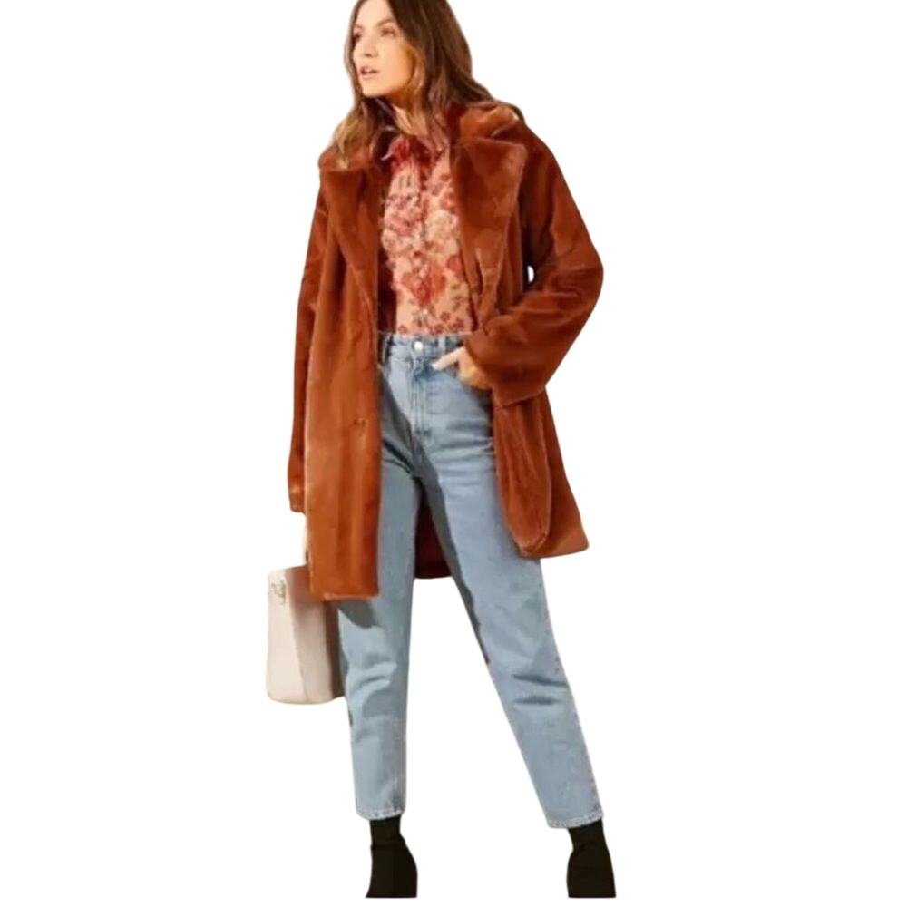 SAM EDELMAN Faux Fur Coat in Cognac, Size Large, New without tag